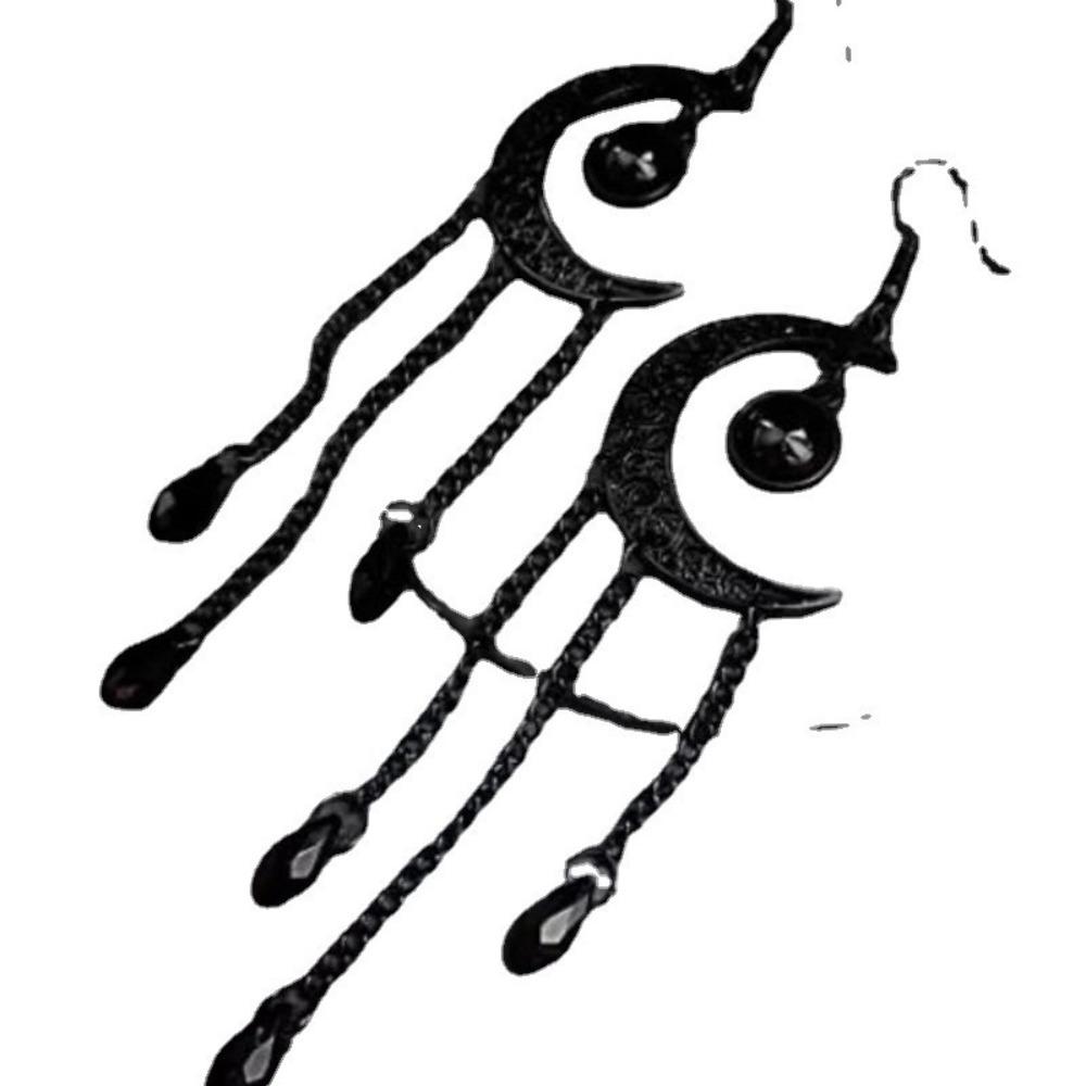 Alternative Bohemia Black Moon Solar System Water Droplet Tassel Dangle Earrings for Women Gothic Hallowmas Party Jewelry Gifts