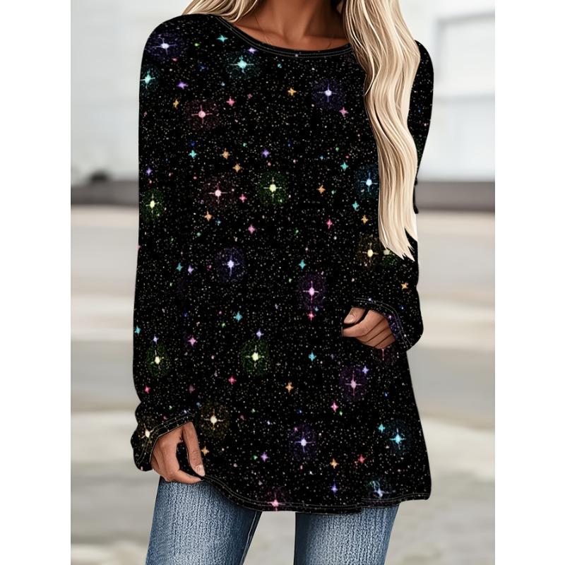 Fashionable Starry Tie Dye Gradient Print Casual Round Neck Long Sleeved T-shirt Casual Long T-shirt Top