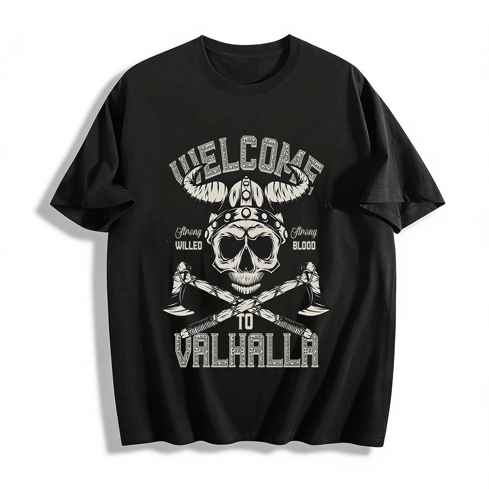 Viking Skull Axe Print T-Shirt Welcome To Valhalla For Men Pure cotton T-shirt XXS