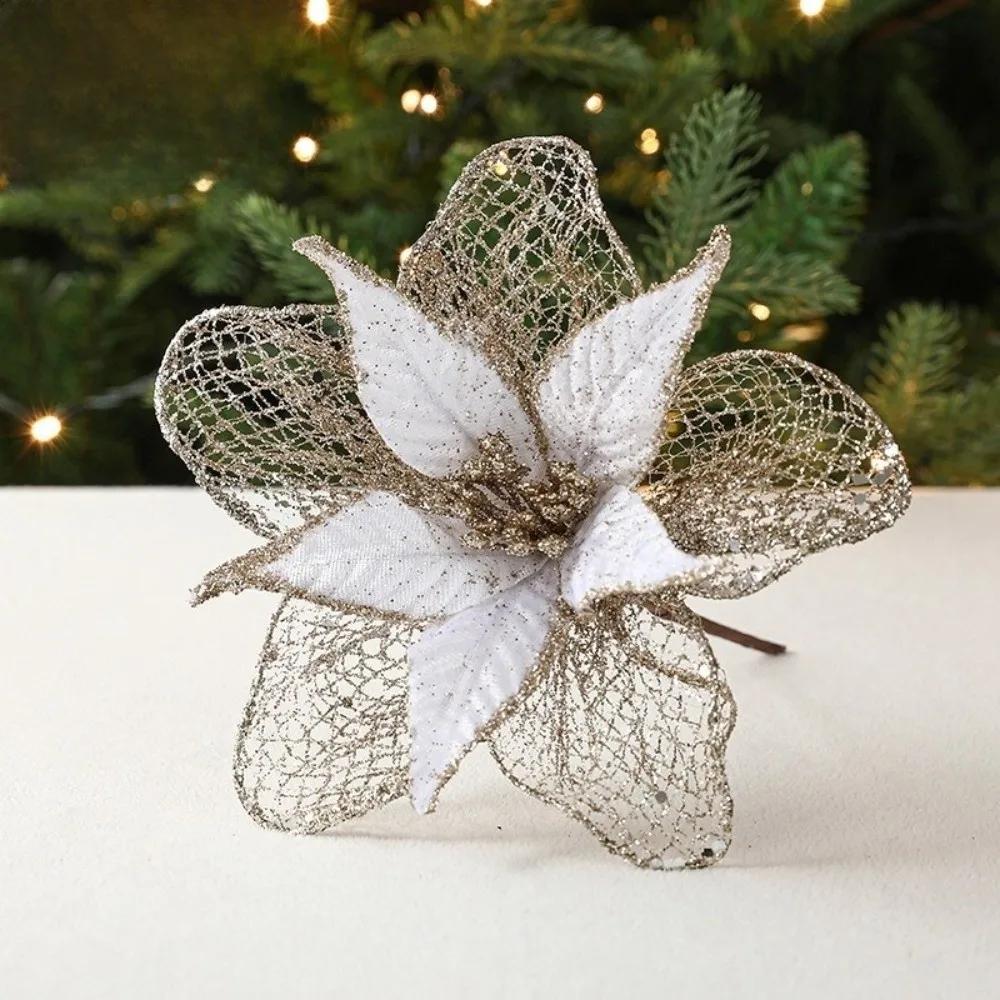 New 23cm Poinsettia Glitter Flower Xmas Hanging Ornaments DIY Christmas Flowers Artificial Xmas Tree Decorations Party Supplies