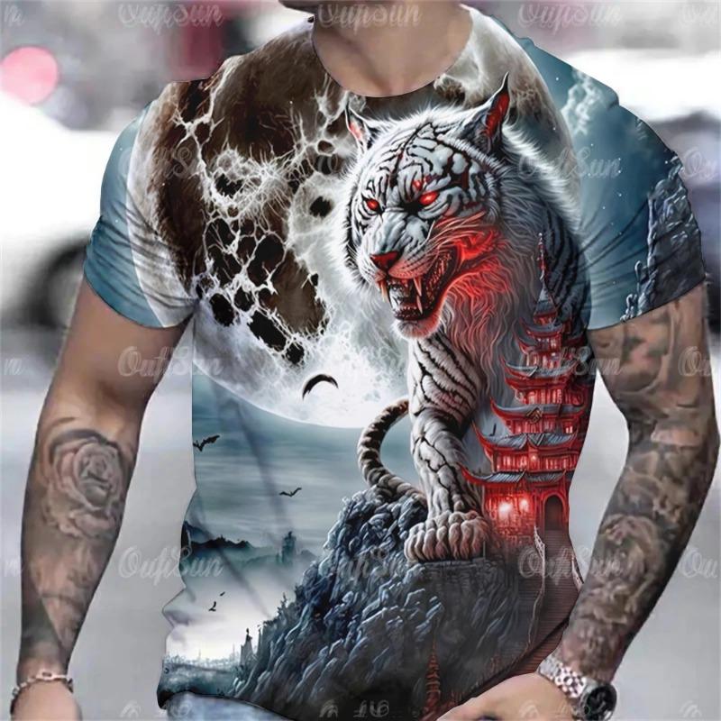 Tiger Print T-Shirt 3D Animal Men's Shirts Summer Short Sleeved Male Pullover Oversized T-shirts Casual Tops Tees Men Clothing