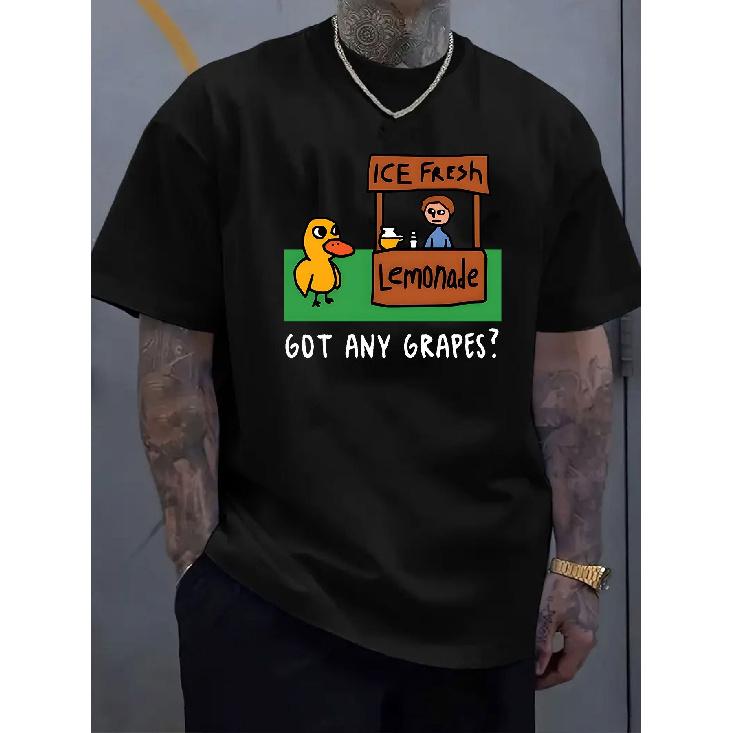 Men s Funny Lemonade Stand Graphic T-Shirt - Heavyweight 180gsm Crew Neck Tee with Got Any Grapes & Lemonade Print, Loose Fit Casual Shirt Suitable S чёрный