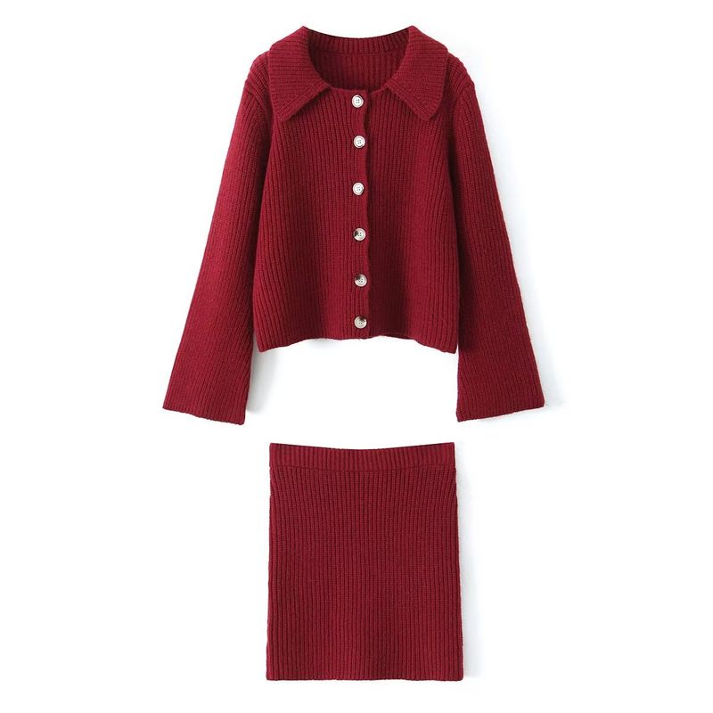 

Old Qian Intellectual Fashion Style Loose Lapels Knitting Cardigan + Fashion Elastic Hip Skirt Two-piece Set Christmas Red (Two-piece set) One size