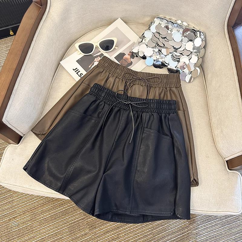 

American Retro Wide Leg PU Leather High Waist Pants with Pockets & Lace-Up Detail 2XL