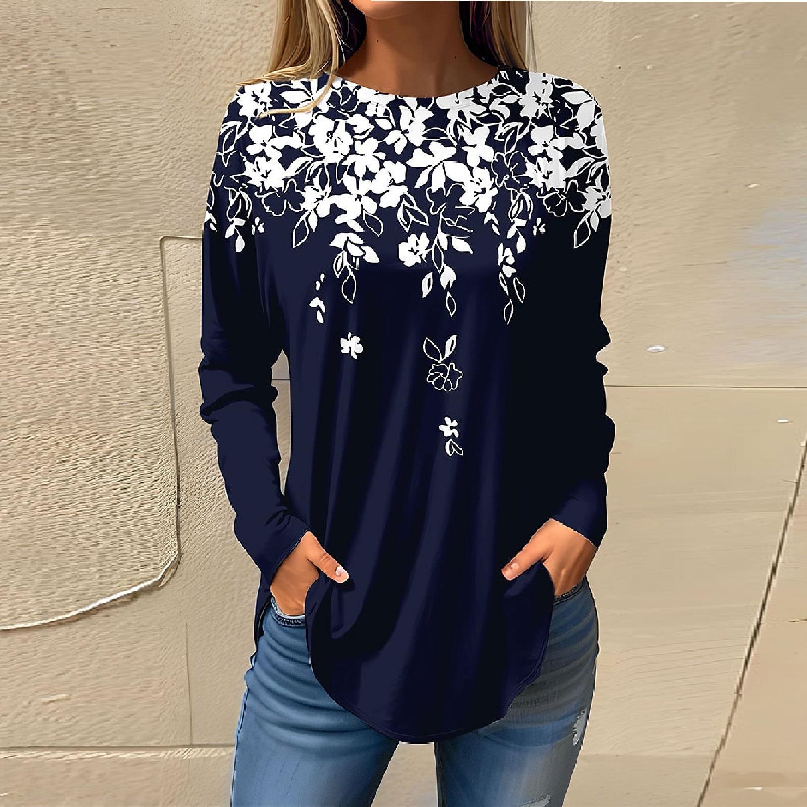 

Футболки для женщин, осенние повседневные рубашки с длинными рукавами, толстовка с ретро-принтом, топ, пуловер S тёмно-синий