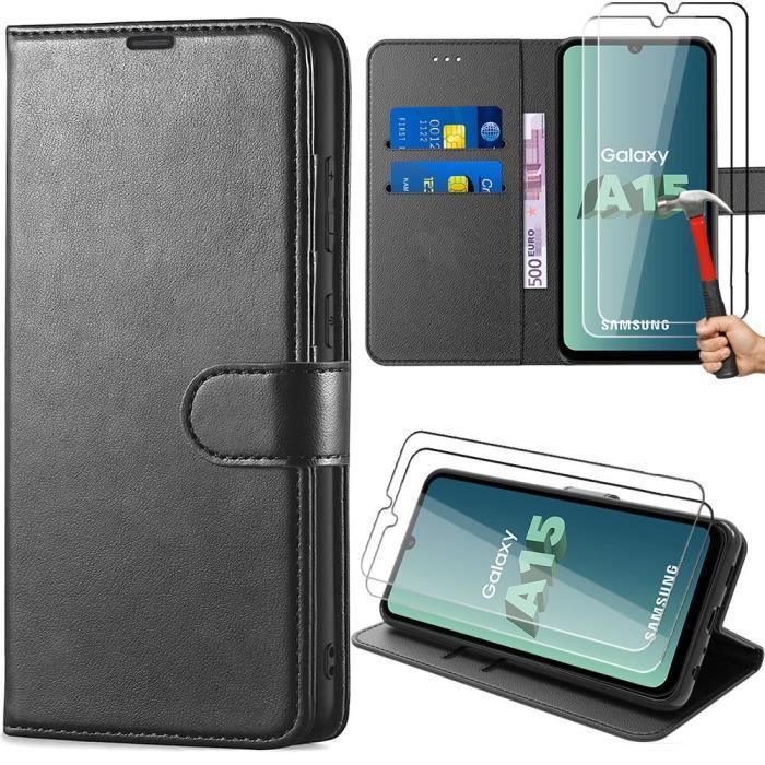 Protective Case for Samsung Galaxy A15 - Black PU Leather - Card Slots - 2 Tempered Glasses
