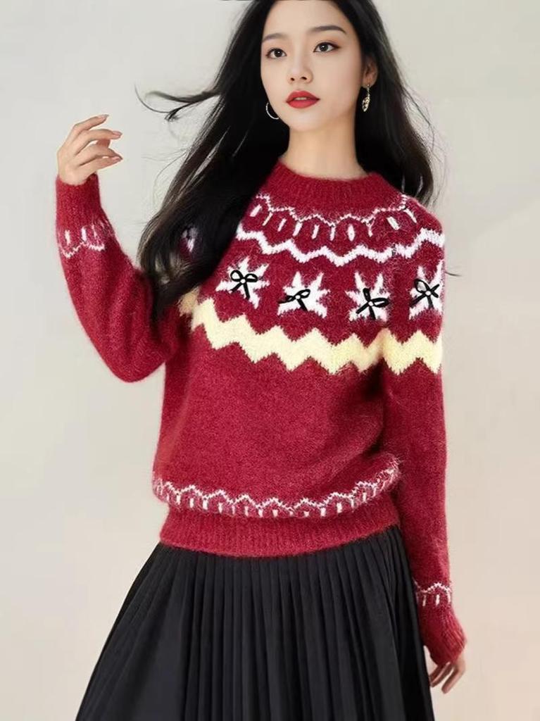 Women's Red Beaded Bow Jacquard Sweater - Autumn/Winter 2026 Loose Knit Pullover