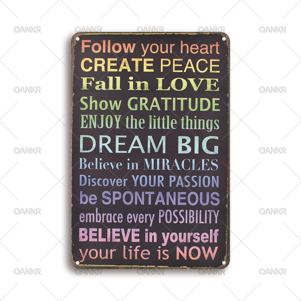 

Vintage Art Wall Poster Metal Tin Sign Follow Your Heart Create Peace Metal Signs for Man Cave Bathroom Home Wall Decor Plaque 20x30cm（7.8x11.8inch）