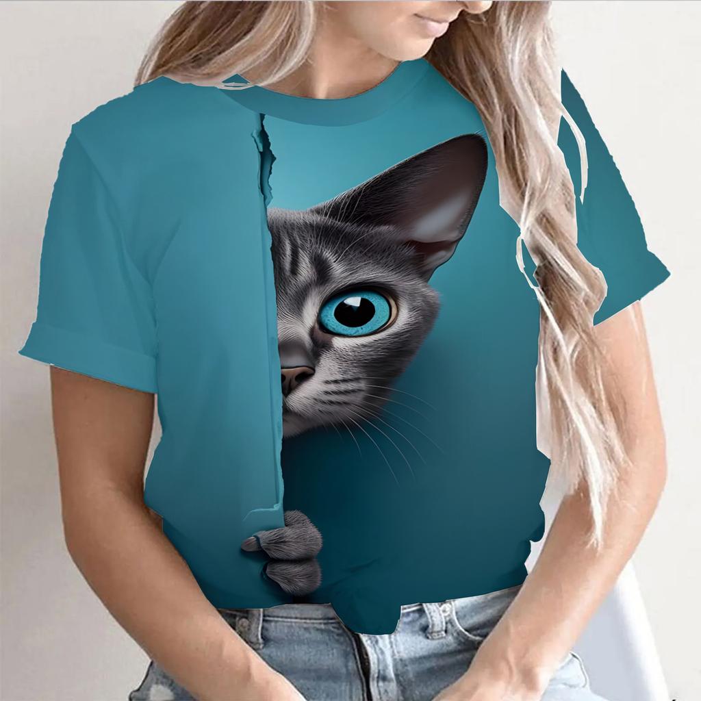 Damen-T-Shirts für Mädchen, 3D-Druck, Katzengrafik, T-Shirt, Sommermode, lässig, Straße, kurzärmelig, Tops, T-Shirts, Damen-Y2k-Kleidung