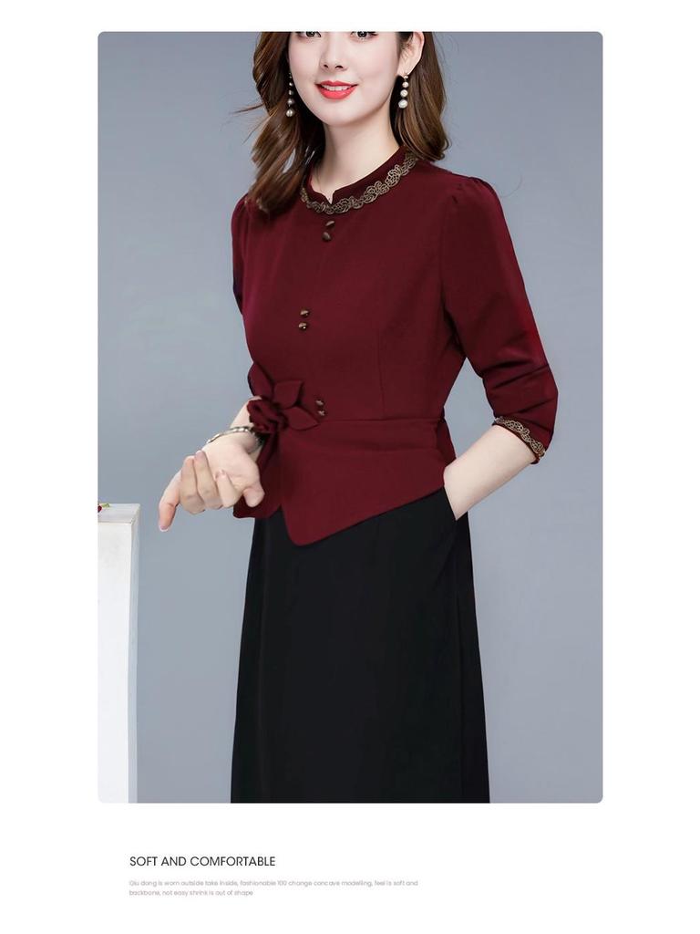 Elegant Slim-Fit Patchwork Fake Two-Piece Dress - Women's Mid-Length Over-the-Knee Skirt, Autumn 2026 Collection