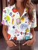 Women Casual Short Sleeve Button Up Shirt Cartoon Book Apple Stationery Pattern Trendy Hot Item Machine Washable Top