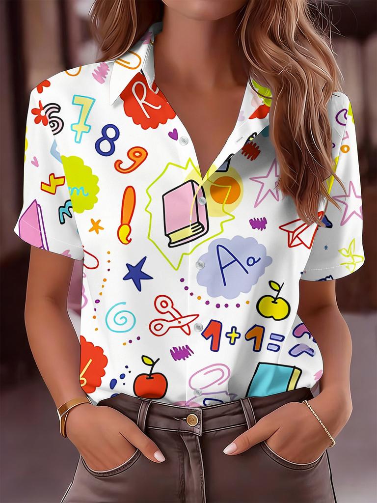 Women Casual Short Sleeve Button Up Shirt Cartoon Book Apple Stationery Pattern Trendy Hot Item Machine Washable Top