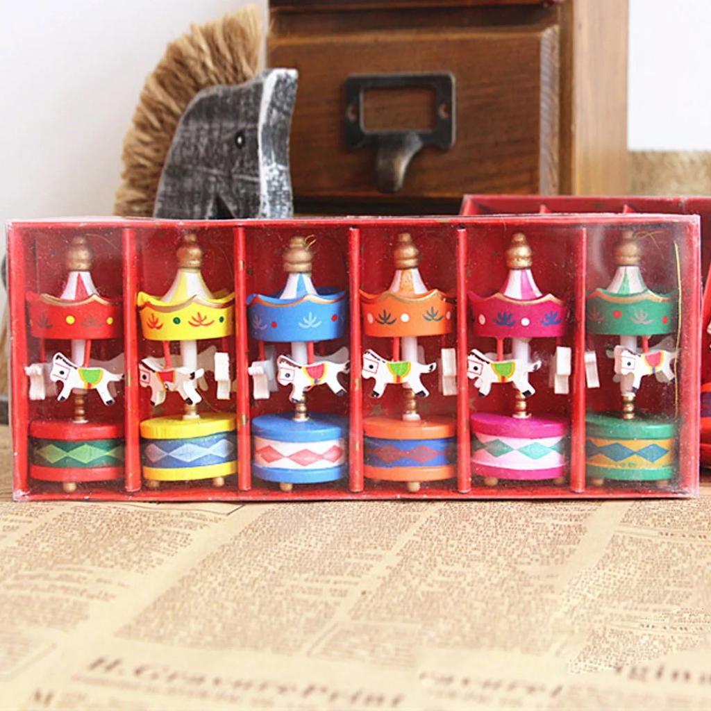 Christmas Wooden Carousel Horse Miniature Ornaments Christmas Tree Hanging Pendants New Year Gift Toy For Kid Home Party Decor