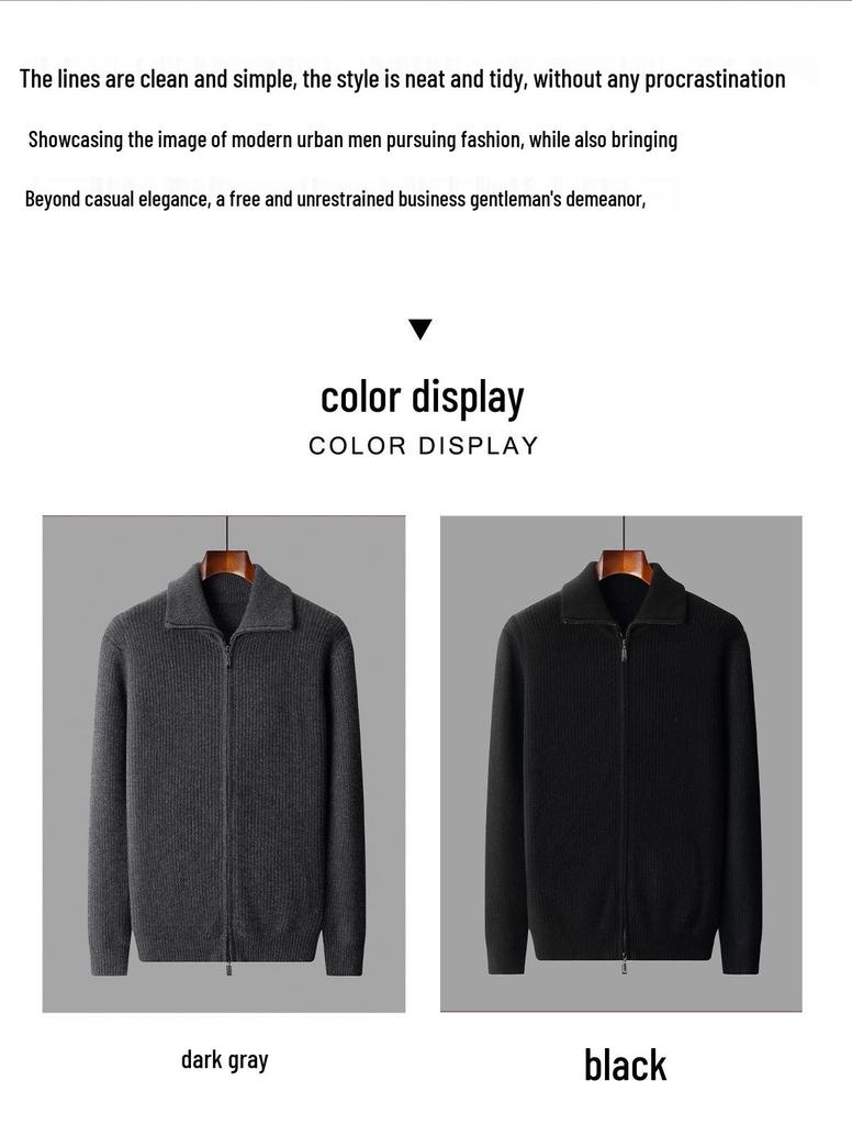 Men's Pure Wool Zipper Cardigan - Autumn/Winter, Thickened Knitwear with Shirt Collar