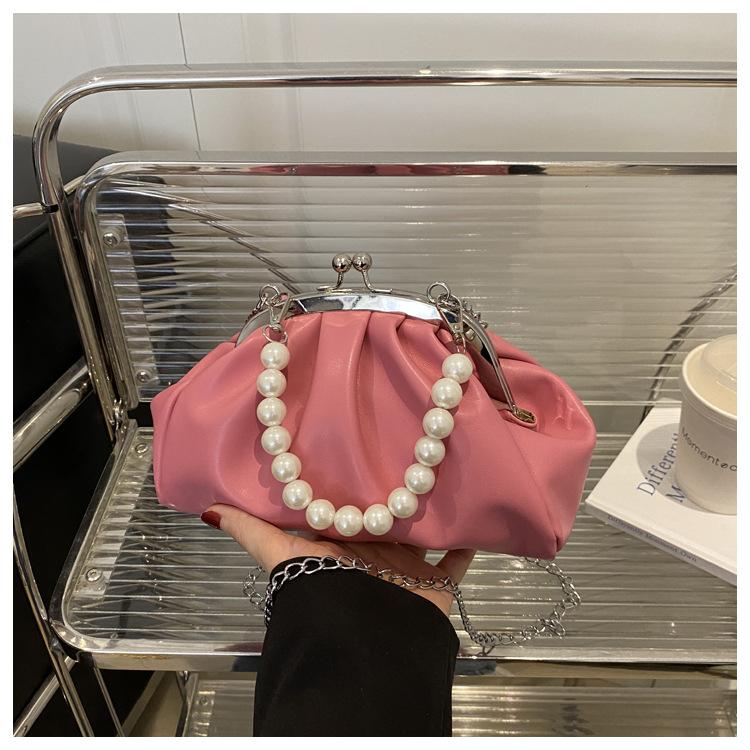 

Жемчужная цепочка новая свежая плиссированная однотонная компактная изящная сумка-мессенджер с клипсой, портативная женская сумка роза розовый