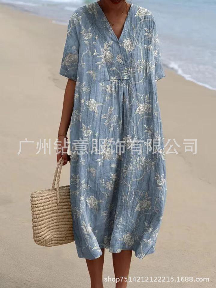 New Loose Casual Comfortable V-neck Digital Printing Pleated Large Version Dress