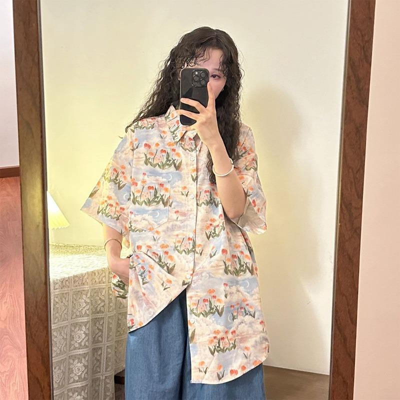 Sommer Neue Damenhemden Einzigartiger Blumendruck Damenblusen Koreanischer Lässigkeitsstil Lockere Damenbekleidung