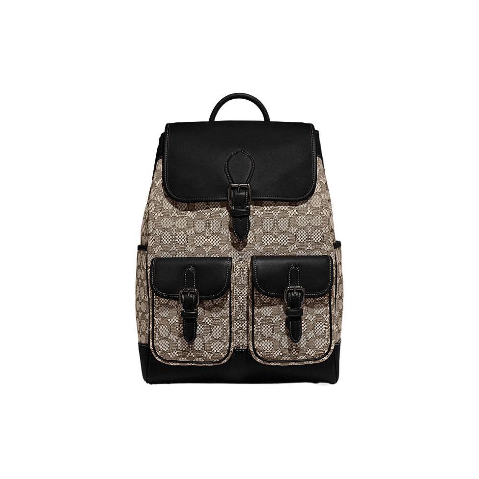 New COACH Frankie Fabric Cow Leather Patchwork Drawstring Bag Backpack Large Size Men's Gray & Black CE476-UW5