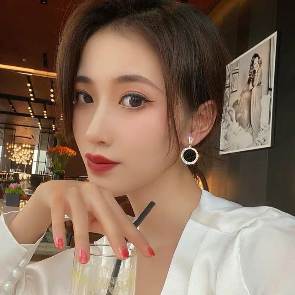 Fashion Personality Sparkly Zircons Trimmed Black Onyx Style Round Dangle Earrings for Women Korean Charm Evening Party Jewelry