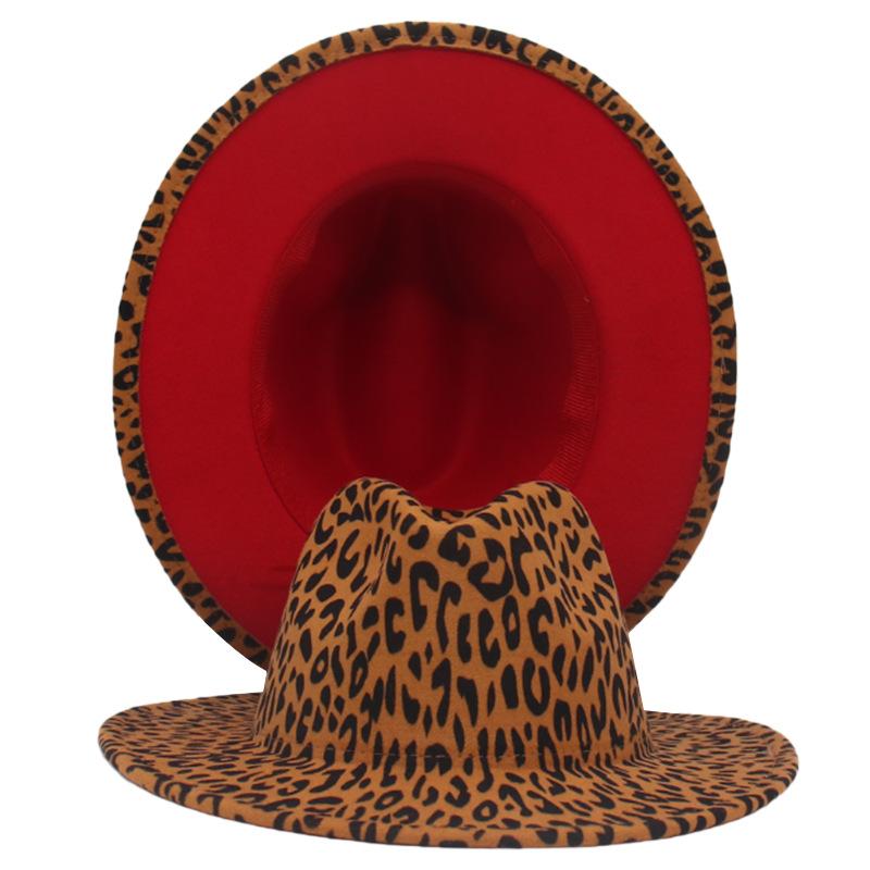Tibetan Top Hat Men'S And Women'S Double-Sided Color Matching Leopard Print Woolen Flat-Brimmed Big Eaves Hat Felt Hat Jazz Top Hat