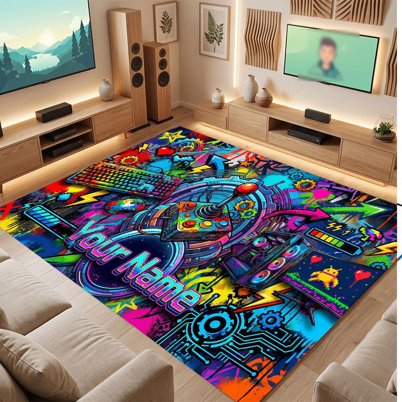 City Cyberpunk Theme Crystal Velvet Floor Rug Personalized Custom Name Text Warm Carpet Home Decoration