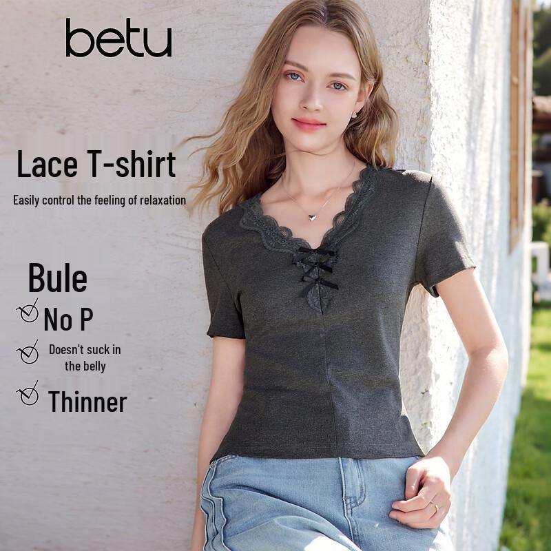

Женская футболка Betu с V-образным вырезом, бантом и кружевом, с коротким рукавом M