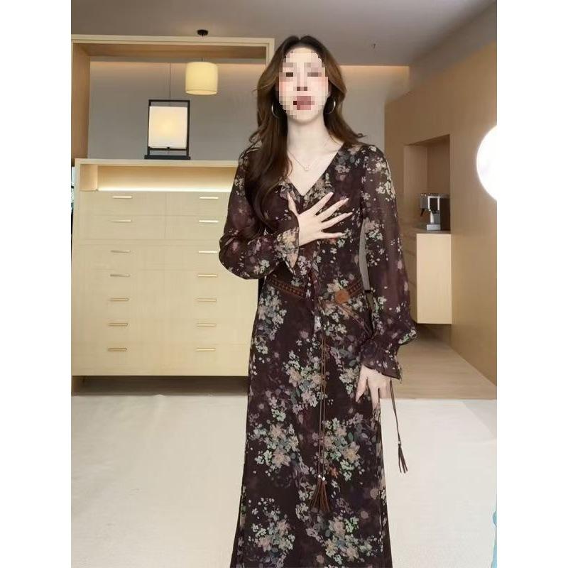 [Twilight Rose] Floral Dress Women's Autumn and Winter Port Style Retro Lotus Leaf Temperament Skinny Long Dress