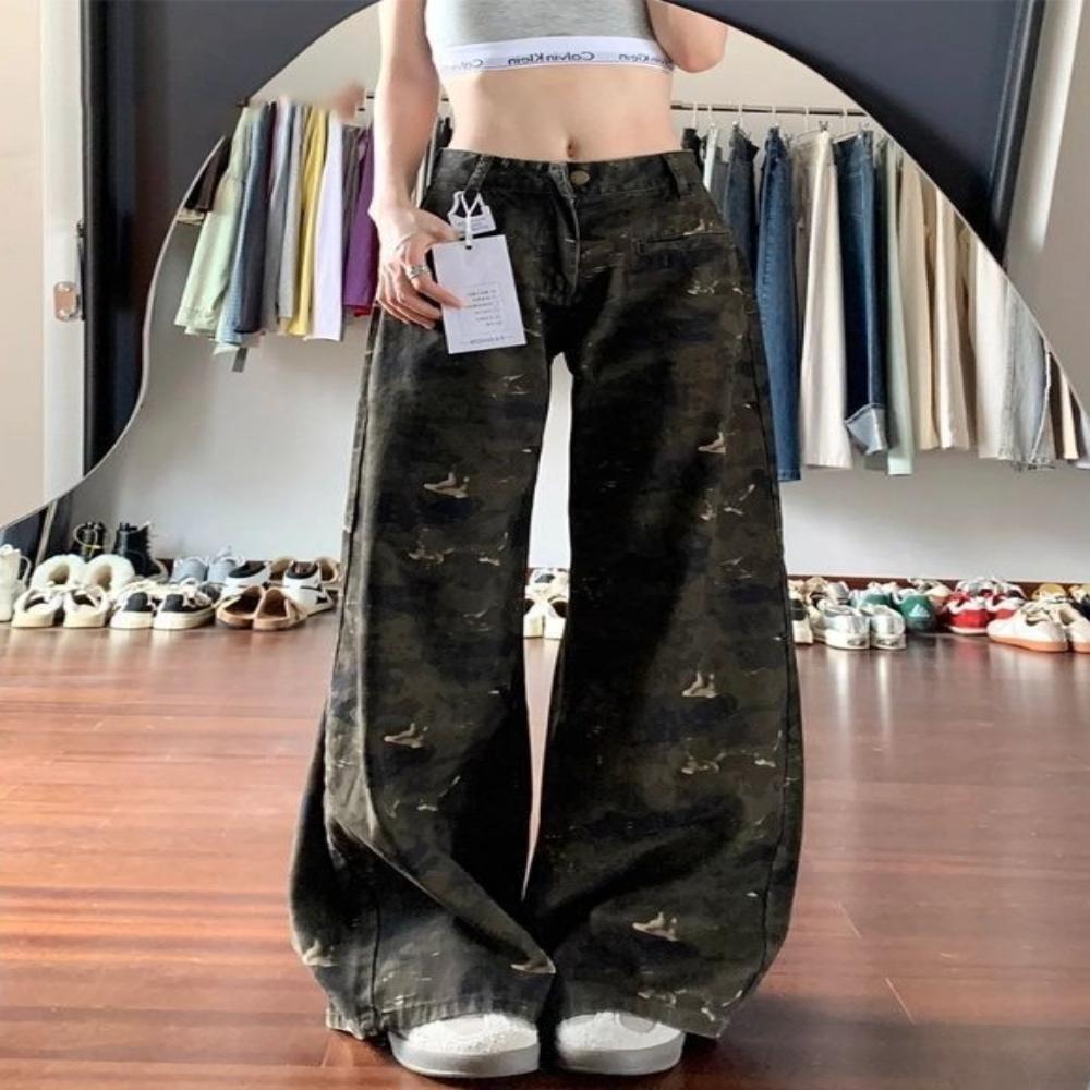 Women s High Waist Camouflage Print Wide Leg Jeans Vintage Washed Loose Denim Trousers XS