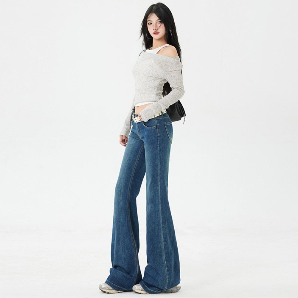 Women's Low Rise Flare Jeans Loose Bootcut Solid Denim Pants Two Length Micro Stretch American Casual Trousers