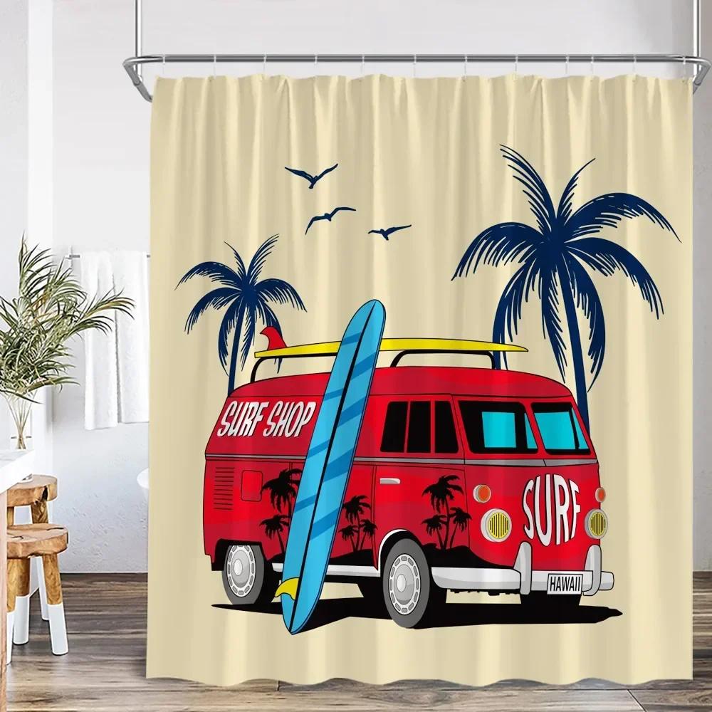 Camping Shower Curtain Camper Travel Bus Beach Coconut Tree Surfboard Outdoor Action Bathroom Decoration RV Shower Curtain