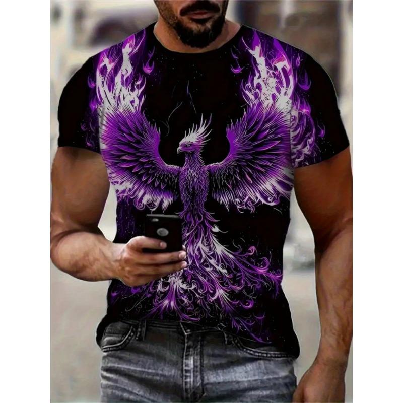 Men's Purple Phoenix 3D Flame Printed T-Shirt Casual Short Sleeve Crewneck Top Cool Mythical Bird Graphic Tee Trendy Harajuku Streetwear Clothes