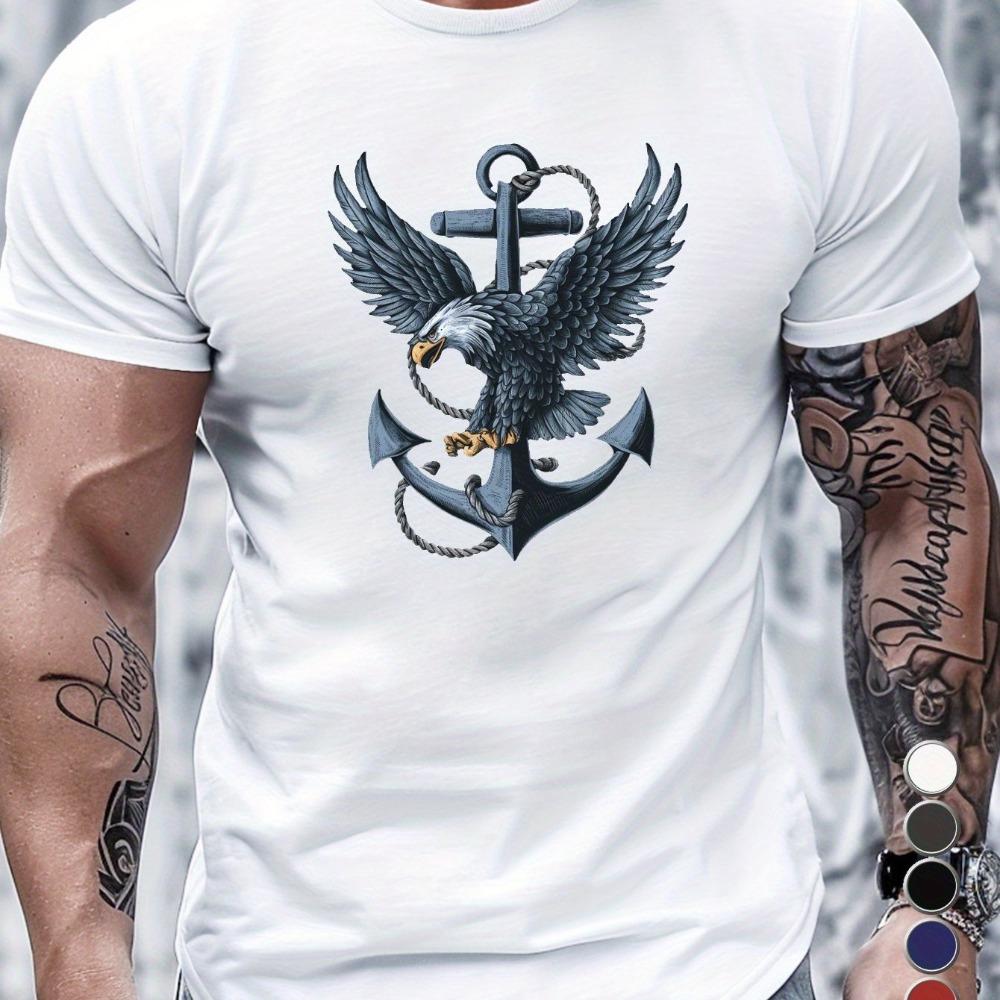 

Men s Summer 100 Cotton Fashionable Casual Loose Boat Anchor and Eagle Spread Pattern Printed Round Neck Short Sleeved T-shirt S разноцветный