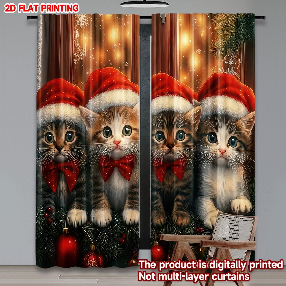 Set Of 2 Flat Printing Happy Christmas Fashion Curtains Cute Kittens Digital Printed Polyester Drapes Party Holiday Made