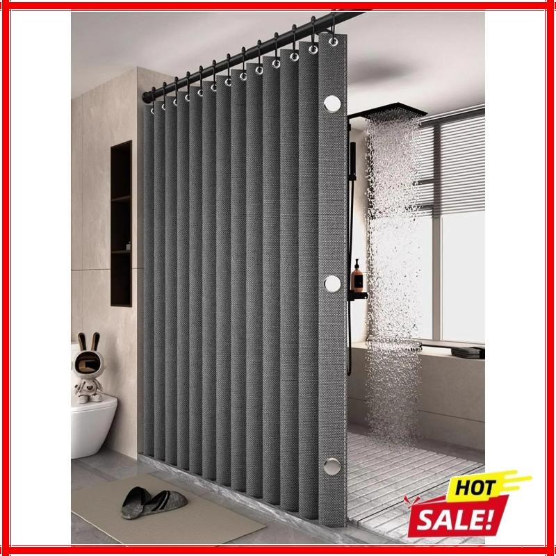 Bathroom Folding Linen Shower Curtain with Magnets Waterproof Suitable for Walk-in Shower Does Not Include Telescopic Rod