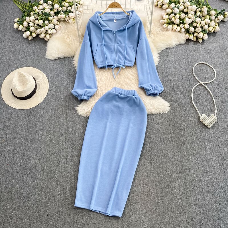 

Fashion Suit Women s K-style Zipper Hoodie Coat Two-piece Set High Waist Slim Looking Mid Length Long Length Hip Skirt Blue One size