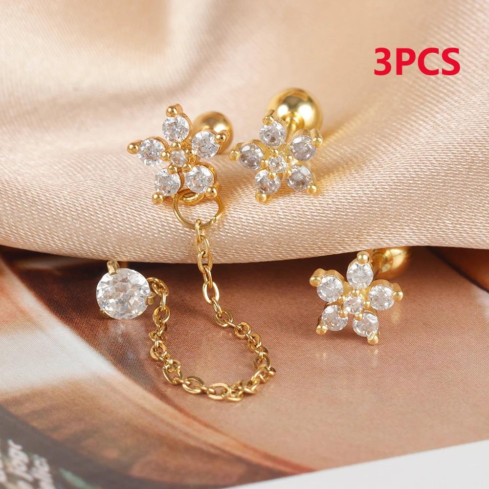 3PCS Fashion Stainless Steel Zircon Flower Stud Earrings Set for Women Double Hole Chain Helix Tragus Cartilage Piercing Jewelry