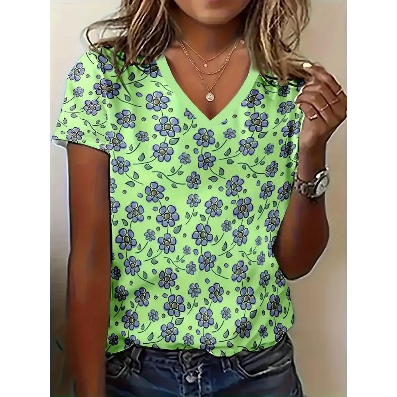 Fashion Women's V-Neck Short Sleeve 3D Casual Color Printing Casual Short Sleeve V-Neck T-Shirt