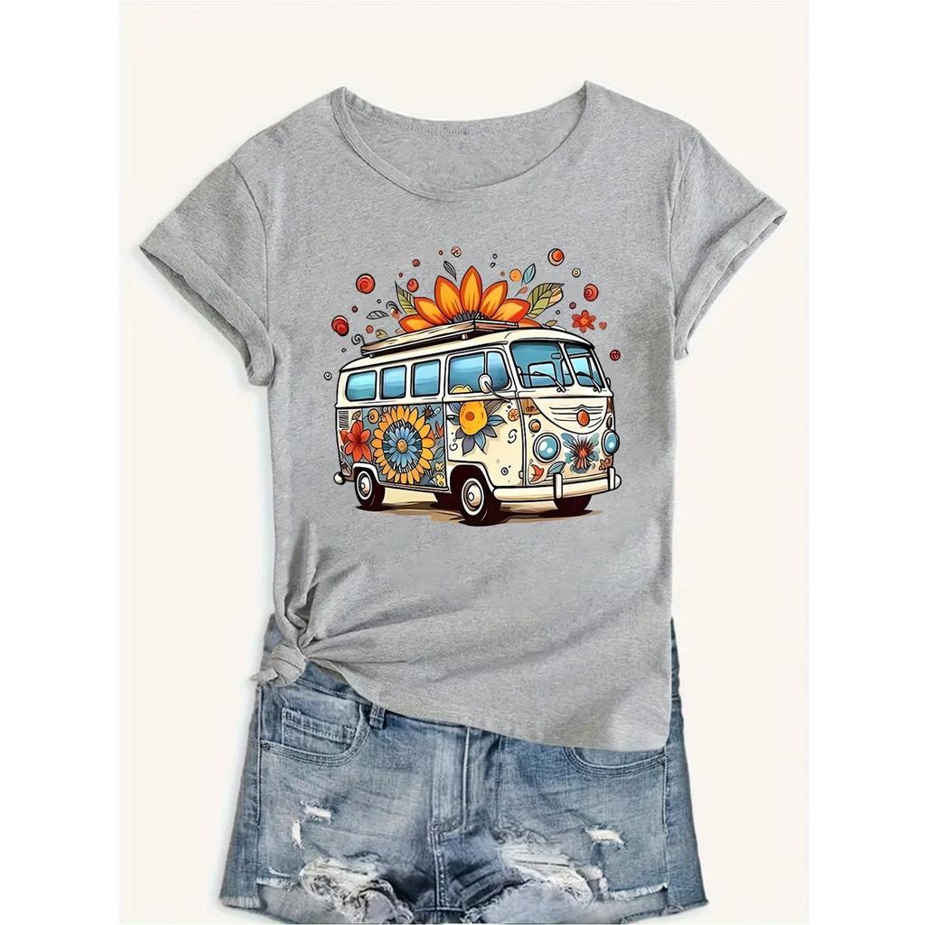 Printed Van T-Shirt, Round Neck Short Sleeve Sporty Tee, Comfortable Top for Women