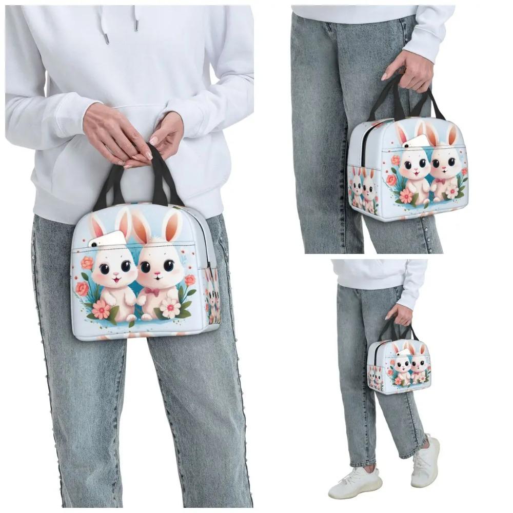 Cute Cartoon Two Little White Rabbits Insulated Lunch Bag for Women Cooler Thermal Food Box Tote Leakproof Lunch Boxes Container