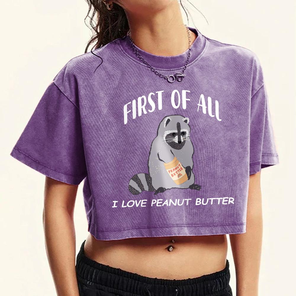 First Of All Cartoon Raccoon Printed Female Washed T-Shirt Cotton O-Neck Slim T Shirts Retro Fitness Tops