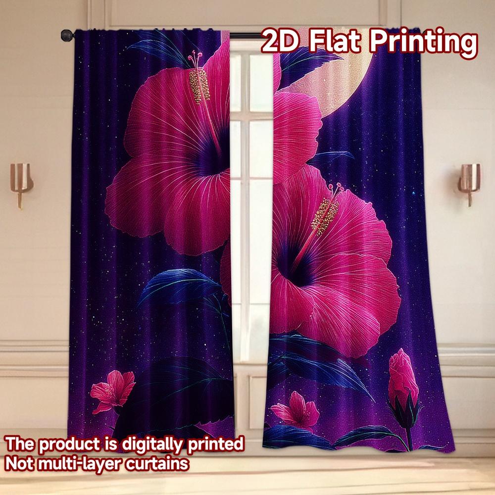 Set Of 2 Modern Flat Printing Curtains Without Rod Floral Hibiscus Neon Glow Fashionable Curtainments During Ramadan Curtain Polyester