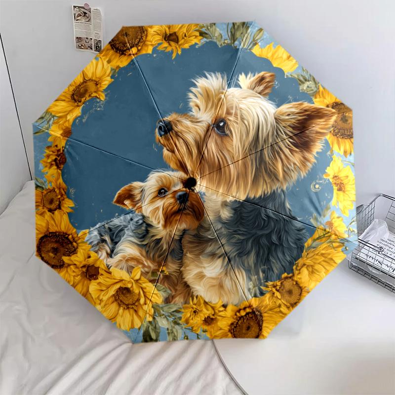 Sunflower Dog Pattern, Automatic Folding Umbrella, Portable and Foldable Design, 8 Ribs, a Christmas or Birthday Gift.