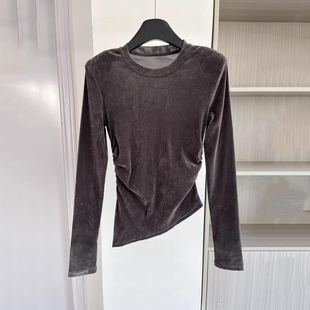 Damen Luxe Samt Langarm-T-Shirt – 2026 Rundhals Schmale Passform für den frühen Frühling/Herbst