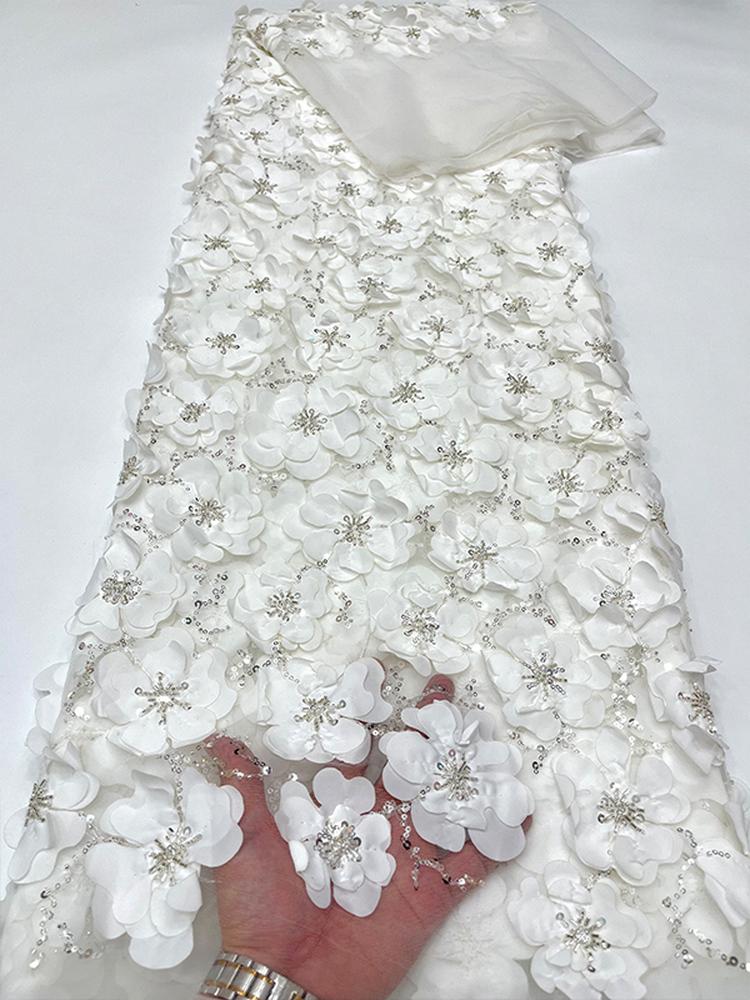 Weißer Spitzenstoff Schwere Stickerei Perlenröhrchen 3D-Blume Laser Dr Stoff Haus Schwammunterlage DIY Hanrt Faser Pflanze Floral