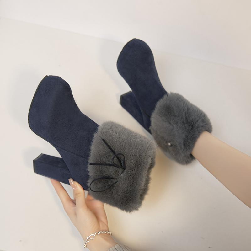 2026 high quality Ladies Shoes slip on Women's Boots winter round toe mixed colors flock Short barrel high heels fashion boots