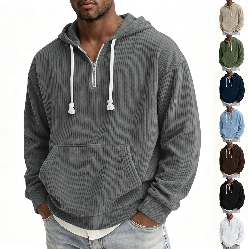 Men's Corduroy Long Sleeve Hoodie Color Casual Pullover
