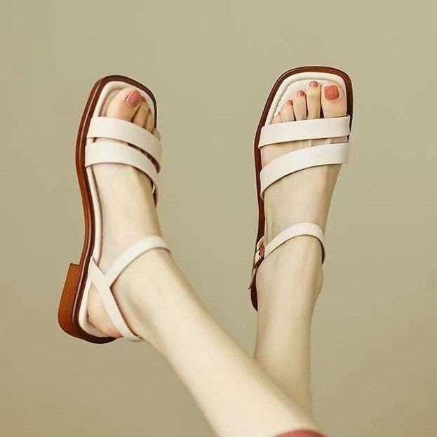 White simple one-word sandals women's summer 2025 summer new open-toed flat-soled large-size Roman women's sandals