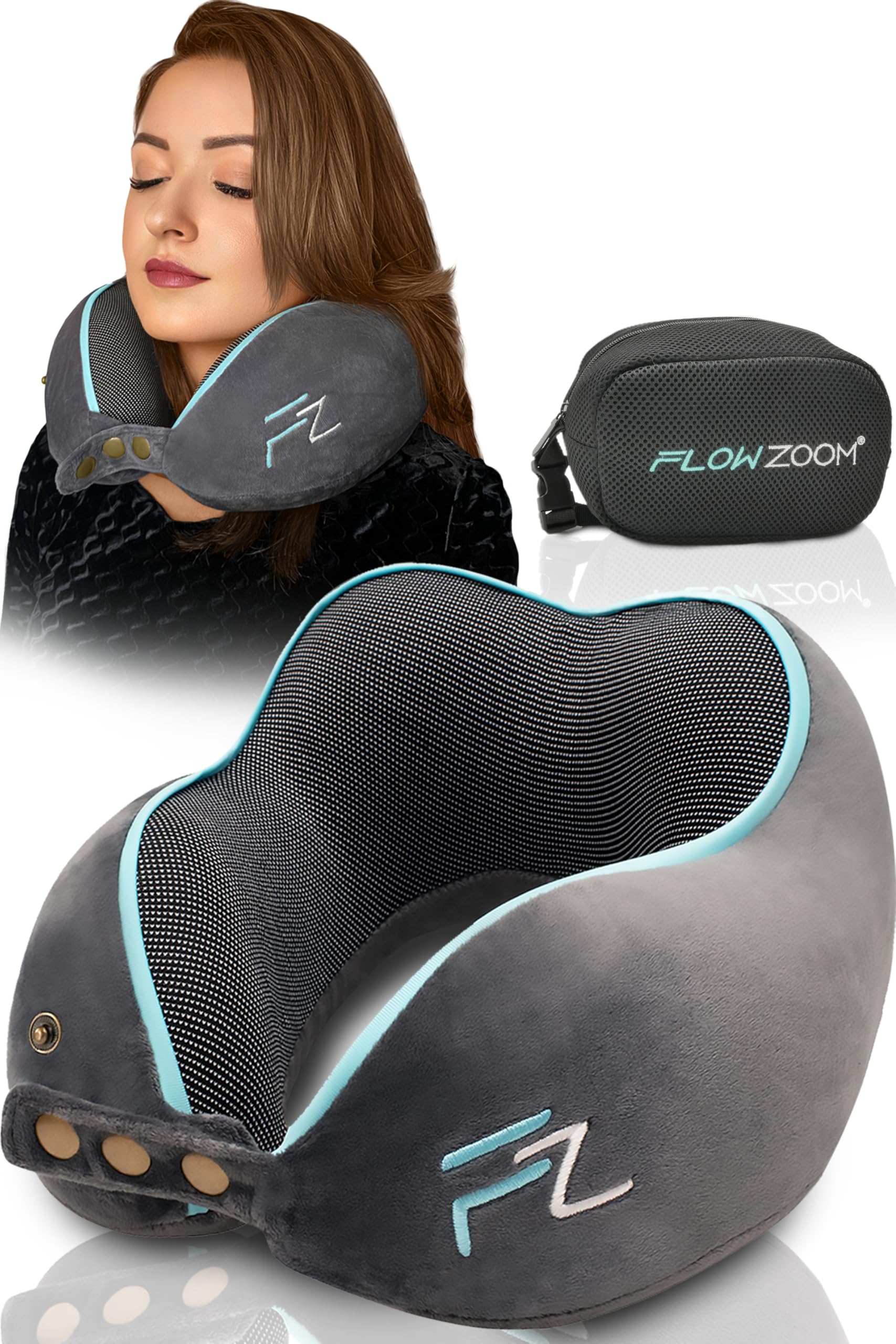 

FLOWZOOM Memory Foam Travel Pillow for Planes and Cars Adjustable Airplane Pillow with Chin and Neck Support for Comfortable Super Washable Neck серый