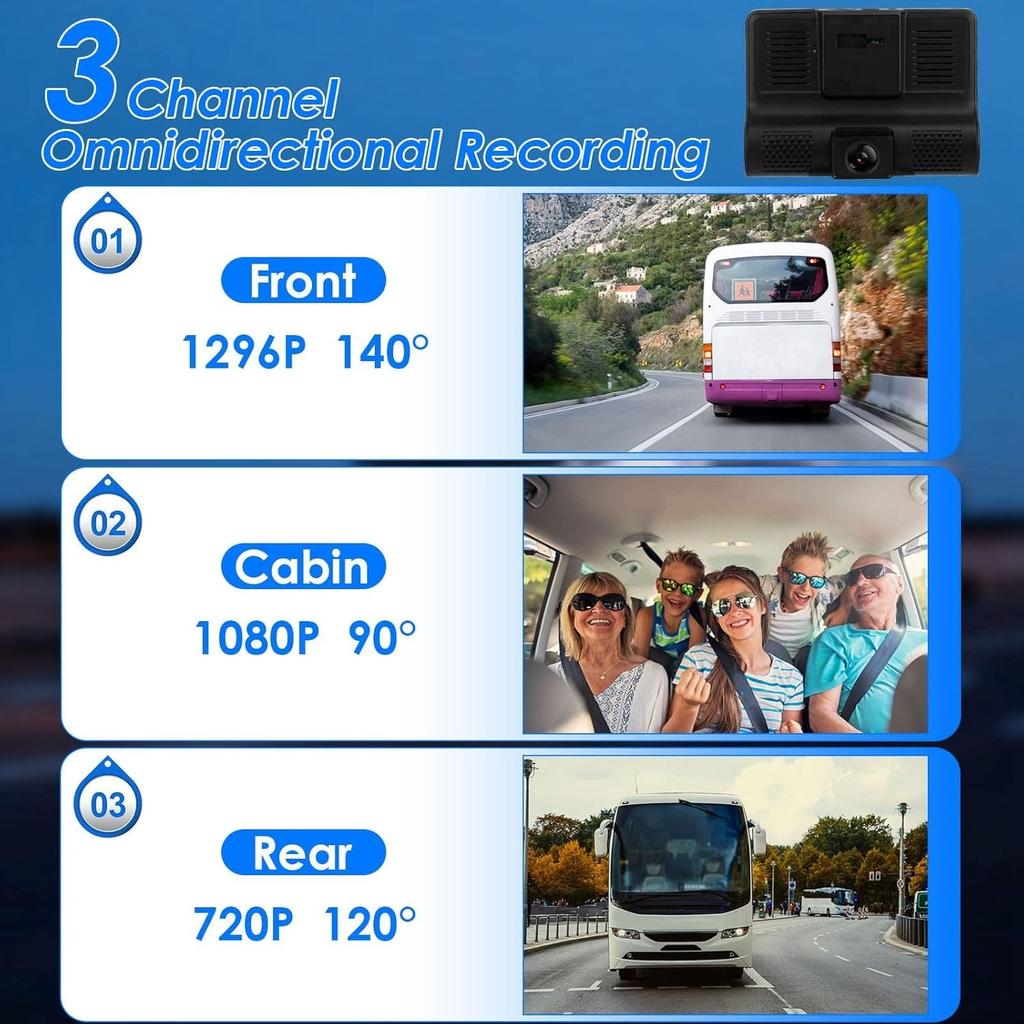 Dash Cam, 4 Inches 1296P 3 Channels Car Dash Camera Front Inside and Rear Camera Car Camera 140°Wide Angle Looping Recording G-SensorHDR Motion