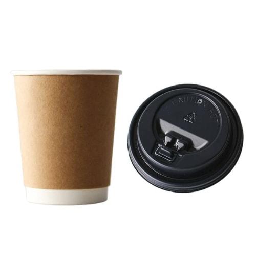 [Plastic Cups/Paper Cups] Takeout Disposable Cups, 80mm Diameter, 8oz, Double-Layered Insulated Kraft Cups with Opening Lids (Pack of 100)